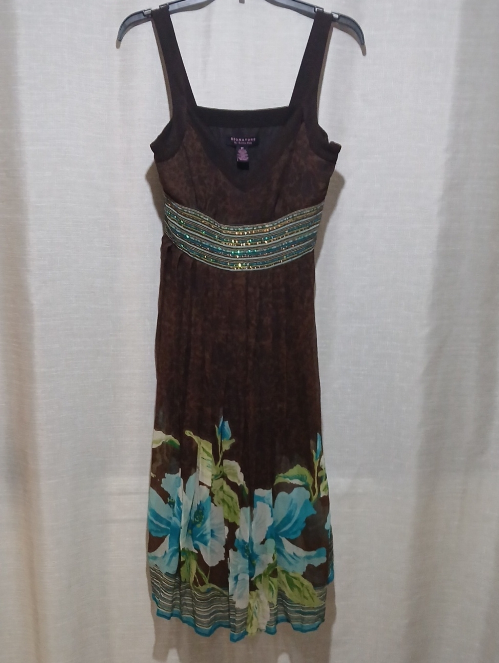 Signature Studio Brown Floral Maxi Dress with Turquoise Accents
